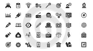 A collection of 36 minimalistic vector icons arranged in a grid. Icons include various