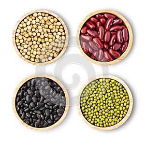 Collection of mix bean  red kidney, green mung, black bean, soy beans  in wooden bowl isolated on white background.