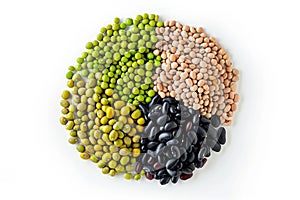 Collection of mix bean (soy beans, Adzuki bean, green mung and black bean) isolated on white background