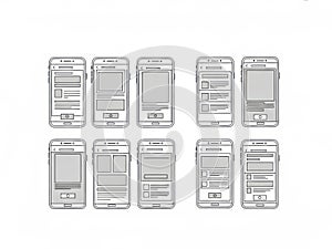Collection of mobile app wireframes isolated on white background