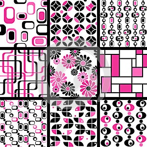 Collection of mod seamless patterns in pink