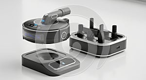 Collection of modern electronic devices and charging accessories isolated on white background