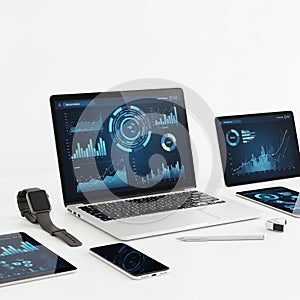 Modern technology devices displaying data analytics charts