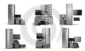 Collection of Modern new built in kitchen appliances 3d render on white