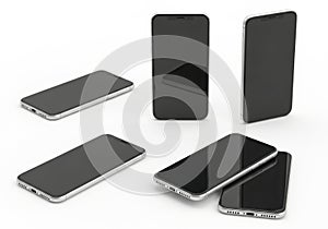Collection of modern smartphones displayed from multiple angles on a clean white surface