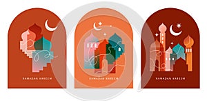 Collection of modern style Ramadan Mubarak colorful designs. Greeting card, background. Windows and arches with moon