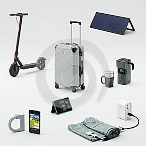 A collection of modern tech gadgets arranged on a white background. Includes a