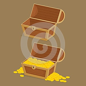 Collection of money icons. Empty wooden chest with open lid and chest full of gold with piles of coins. Pirate treasure, reward.