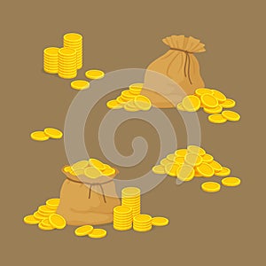 Collection of money icons. Old canvas pouches full of gold with stacks and piles of coins. Pirate treasure, reward. Cartoon style