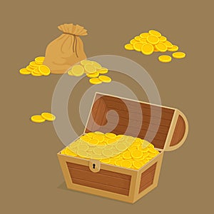 Collection of money icons. Vintage wooden chest full of gold, old canvas pouch and piles of coins. Pirate treasure, reward.