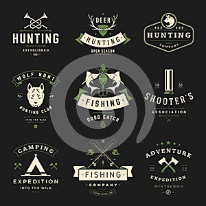 Collection monochrome hunting fishing society hobby vintage logo decorative design vector