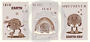 Collection monochrome posters with quotes for Earth Day. Groovy planet characters in vintage cartoon style of 60s 70s.