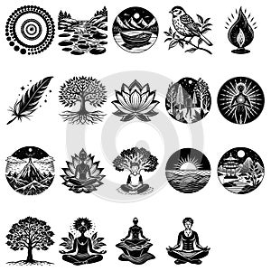 Collection of Monochrome Vector Illustrations Depicting Various Mindfulness and Meditation Elements