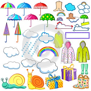 Collection of monsoon and rainy day object including raincoat, umbrella, boots and cloud