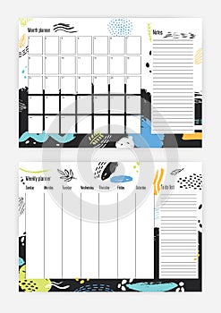 Collection of month and weekly planner templates with week starting on Sunday, square cells for notes, colorful abstract