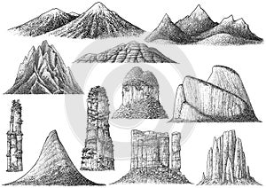 Collection of mountains illustration, drawing, engraving, ink, line art, vector