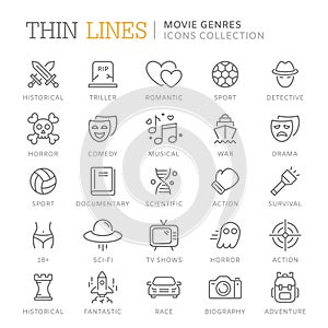 Collection of movie genres thin line icons