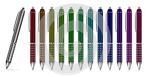 Collection of multi-colored ball pens, Isolated illustration.