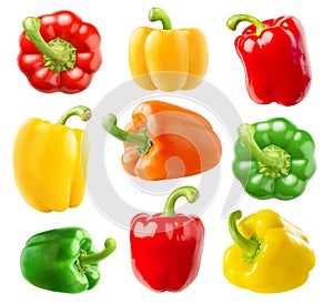 Collection of multicolored bell peppers (red, green, yellow, orange) isolated on white background