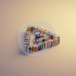 A collection of multicolored books forms a three-dimensional triangular structure, photo