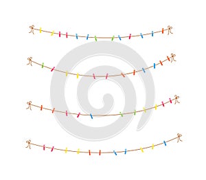 Collection of multicolored clothespin on clothes line holding rope. Laundry drying on clothespin. Clothesline for household