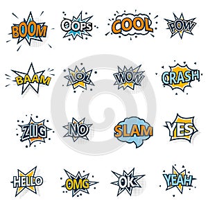 Collection of multicolored comic sound effects. Vector