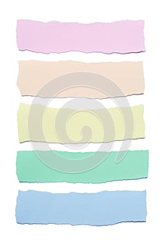 Collection of multicolored paper stripes with torn edges isolated on white background