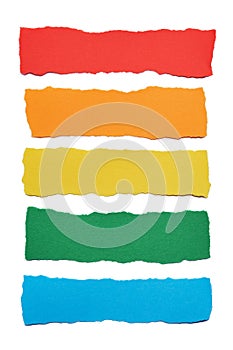 Collection of multicolored paper stripes with torn edges  on white background