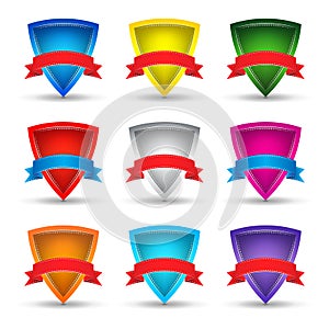 Collection of multicolored shields with ribbons on a white back