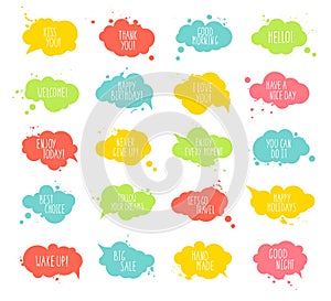 Collection of multicolored templates speech bubbles with spray, quotes. Colored vector stickers in flat design with