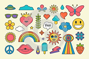 Collection multicolored vintage pop art stickers elements decorative design vector illustration