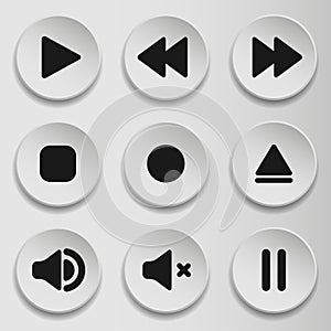 Collection of multimedia symbols and audio, music speaker volume icons. Flat style icon on gray background. Vector illustration