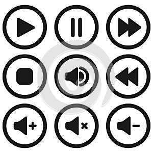 Collection of multimedia symbols and audio, music speaker volume icons. Flat style icon on white background. Vector illustration