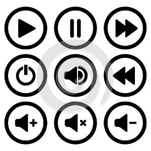 Collection of multimedia symbols and audio, music speaker volume icons. Flat style icon on white background. Vector illustration