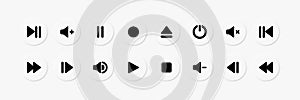 Collection of multimedia symbols and audio, music speaker volume icons. White color buttons. Neomorphism design. Vector