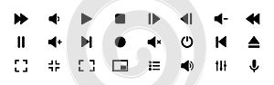 Collection of multimedia symbols and audio, music speaker volume icons. White color buttons. Vector illustration. EPS 10