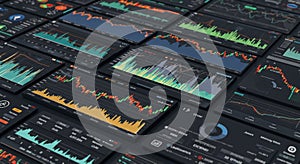 A collection of multiple digital dashboards displaying financial and data