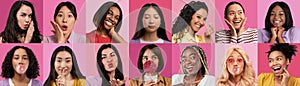 Collection of multiracial young women grimacing and gesturing on pink
