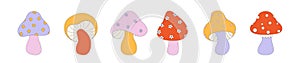 Collection with mushrooms Pop Color Style Flat Design 70s. Cool trendy retro of hipster retro cool psychedelic elements