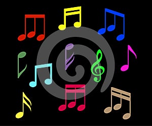 Collection of music notes. Black background. Vector illustration.