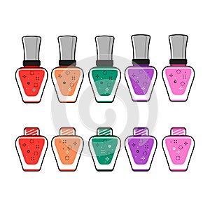 Collection of nail Polish bottles. Set of colorful glitter items photo