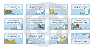 Collection of nametags template. Cute winter background. Arctic animals. Hand-drawn childish illustrations. Vector template.