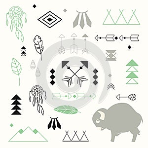 Collection of native American symbols with cute baby buffalo