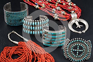 Collection of Native American Turquoise, Silver and Coral Jewelry