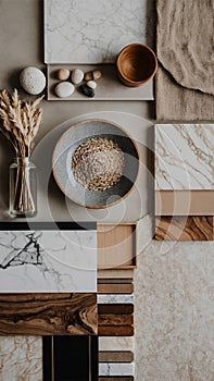 Collection of natural materials and textures arranged on a neutral surface