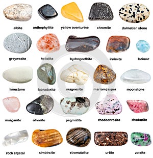 Collection of natural mineral gem stones with name