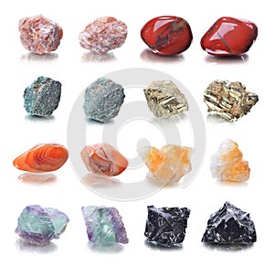 Collection of natural mineral specimens, gem stones isolated