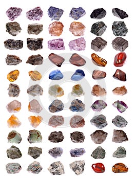 Collection of natural mineral specimens, gem stones isolated on white