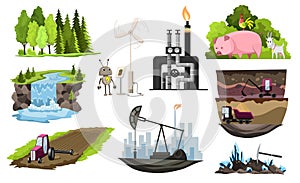 Collection of natural resources design. Vector illustration of types national treasure oil, gas, damond, ground, coal