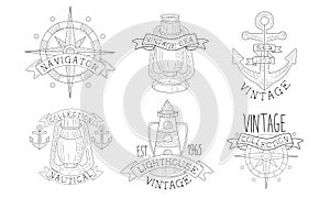 Collection of Nautical Vintage Sea Labels, Navigator, Lighthouse Hand Drawn Retro Badges Vector Illustration